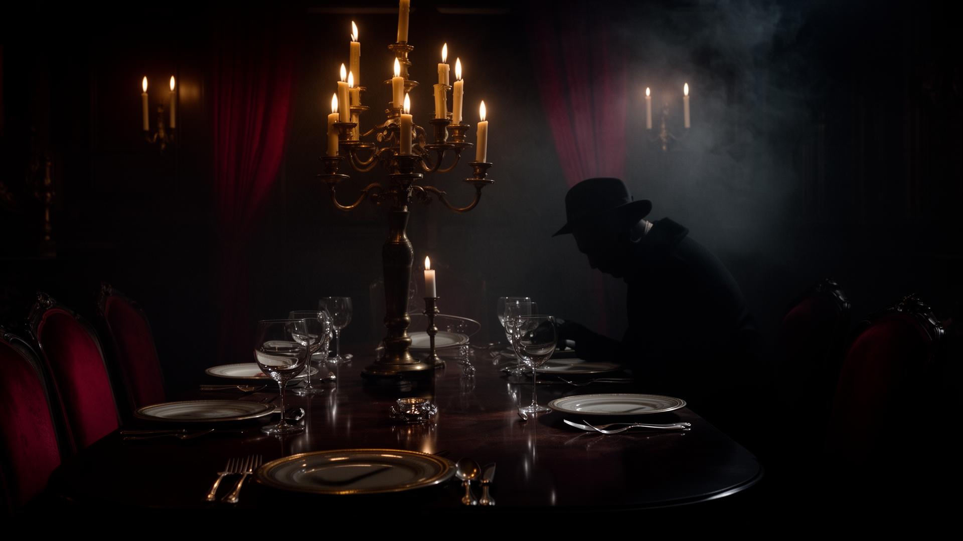 A dimly lit dinner table with candelabra and a mysterious silhouette